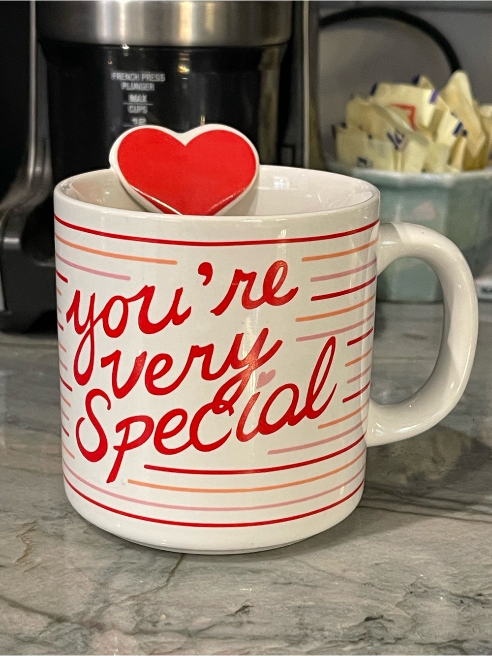 Russ White Ceramic Mug with Red Script & Heart